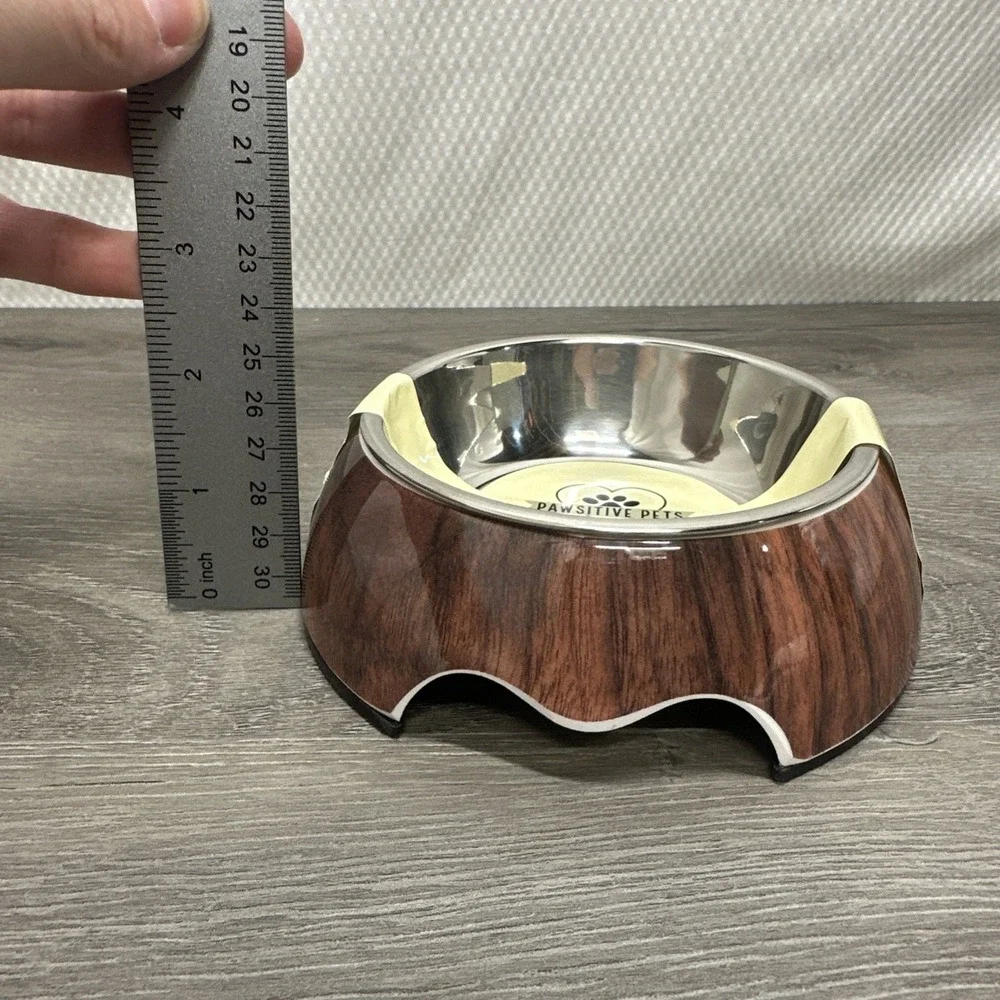 Dog or Cat Food‎ 2 in 1 Melamine Stainless Steel Pet Bowl BPA Free Wood Grain